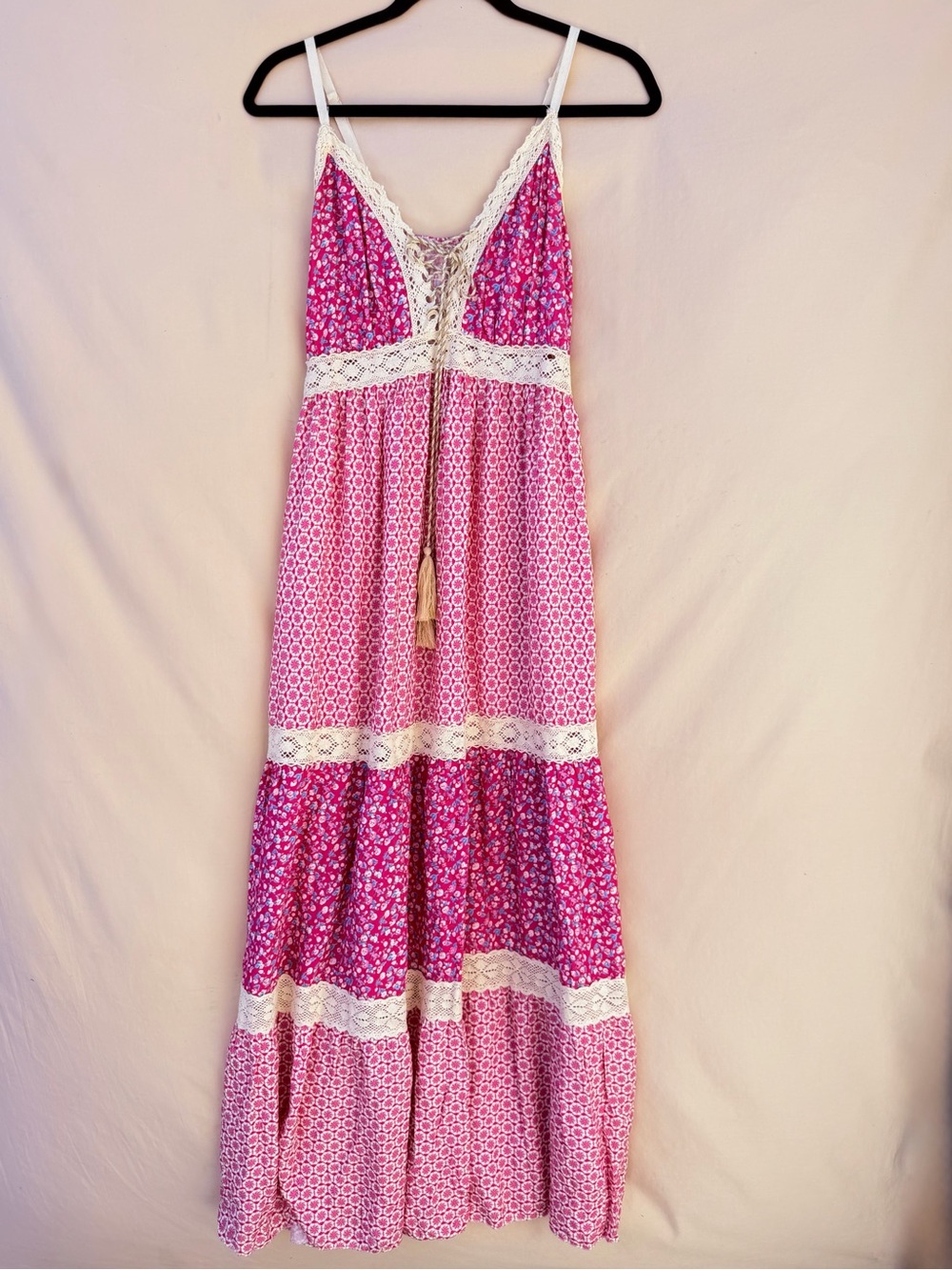 Euro Pink Tiered Maxi Dress Crochet Lace Trim Floral Italy Patchwork Bohemian M